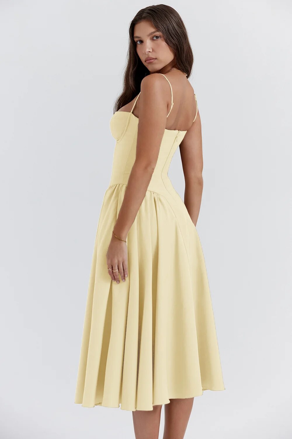 Spaghetti Strap Corset Bodice Pleated Fit and Flare Midi Dress - View 6