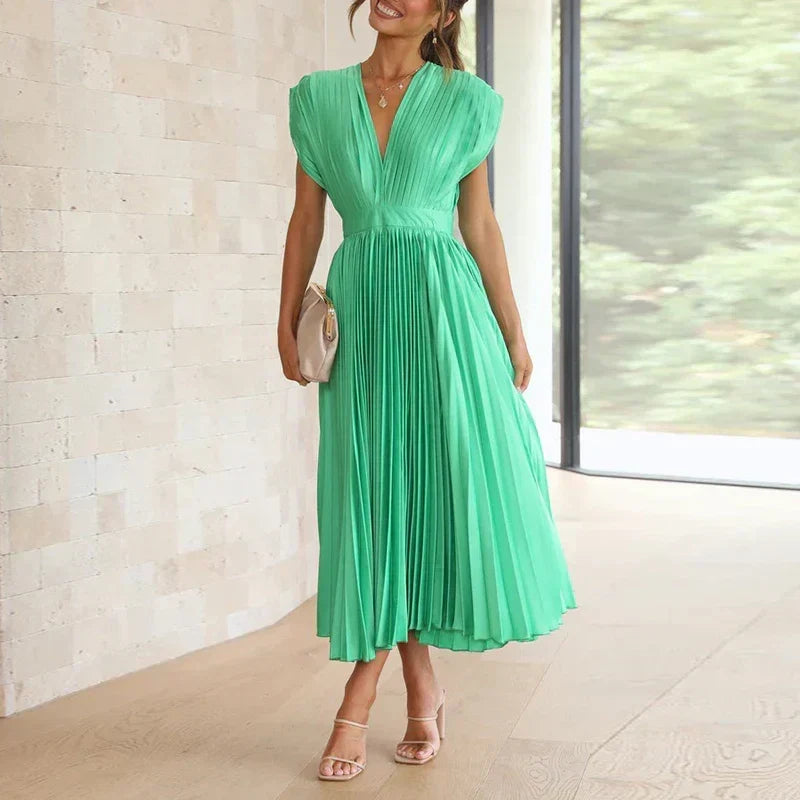 Deep V-Neck Cap Sleeve Pleated Flared Midi Dress 4