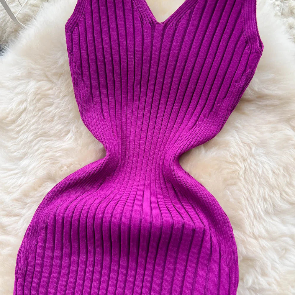 Ribbed Knit V-Neck Sleeveless Cut Out High Split Bodycon Maxi Dress - View 8