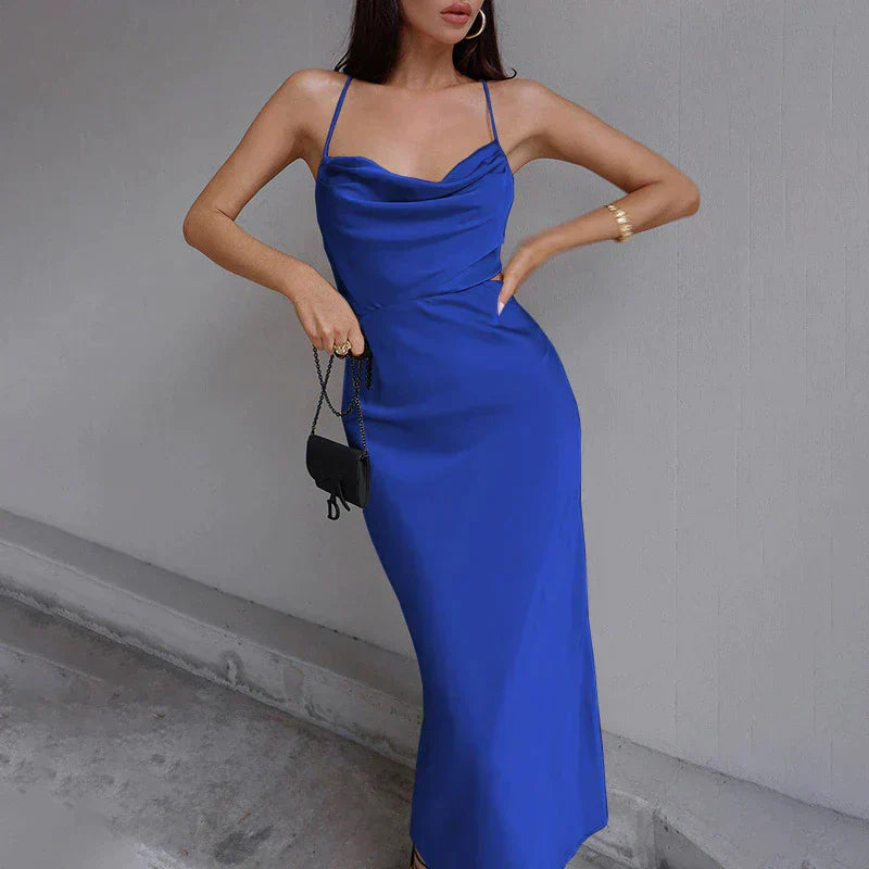 Satin Cowl Neck Spaghetti Strap Cut Out Bodycon Maxi Dress - View 2