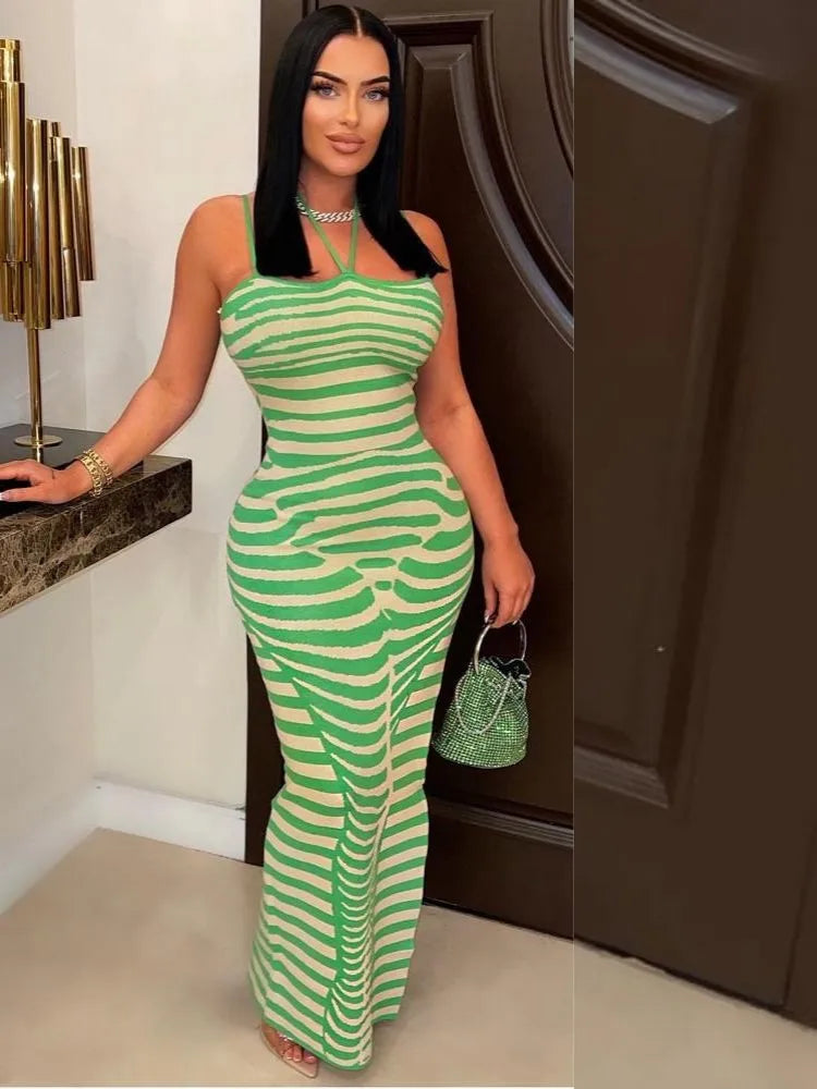 Zebra Print Ribbed Knit Halter Neck Spaghetti Strap Bodycon Maxi Dress - View 2