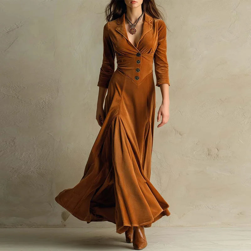 Velvet Deep V-Neck Button Front Three Quarter Sleeve Pleated Maxi Gown