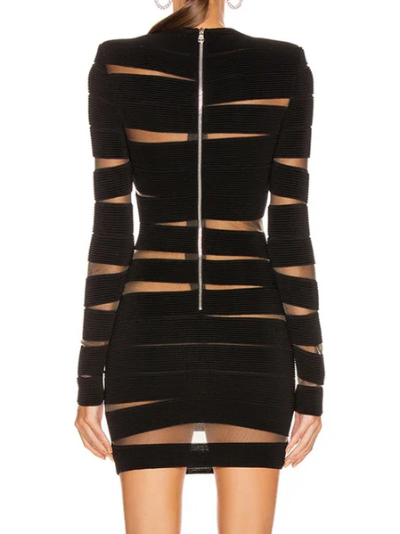 Mesh Insert Long Sleeve Round Neck Cut Out Bodycon Bandage Mini Dress - View 3