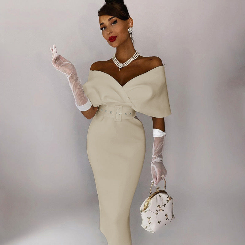 Satin Deep V-Neck Batwing Sleeve Belted Bodycon Midi Dress - View 23