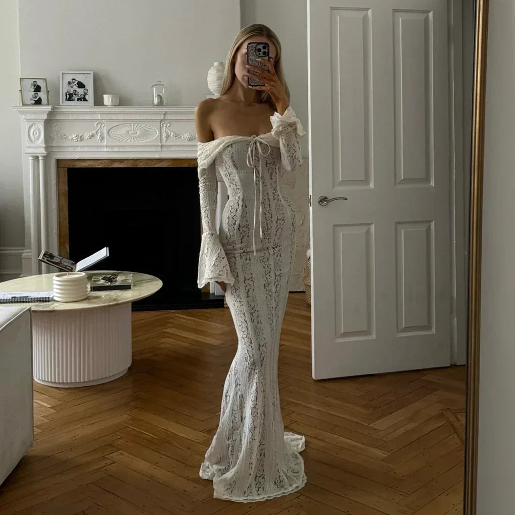 Lace Off Shoulder Long Sleeve Mermaid Maxi Gown - View 6
