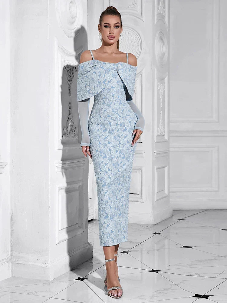 Floral Jacquard Cold Shoulder Mesh Long Sleeve Bodycon Midi Dress