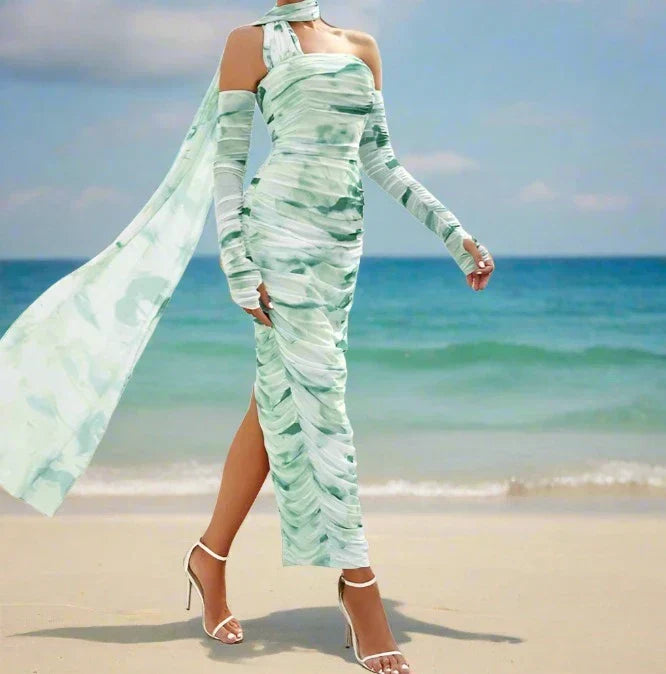 Tie Dye One Shoulder Long Sleeve Ruched High Split Maxi Dress - View 2