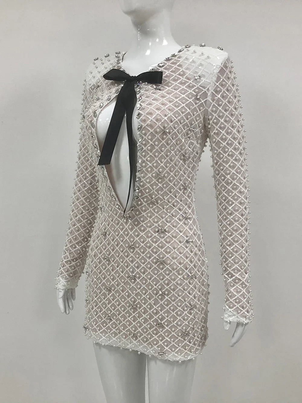 Pearl Beaded Long Sleeve Keyhole Bow Bodycon Mini Dress - View 3