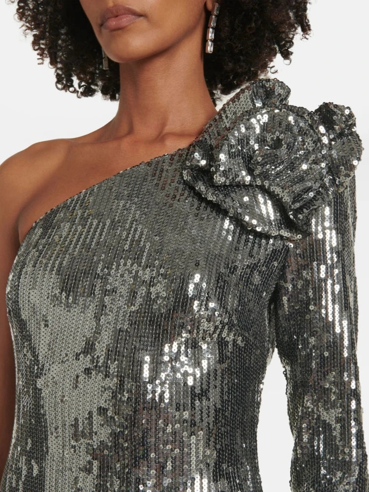 Sequin One Shoulder Long Sleeve Rosette Bodycon Maxi Dress - View 9
