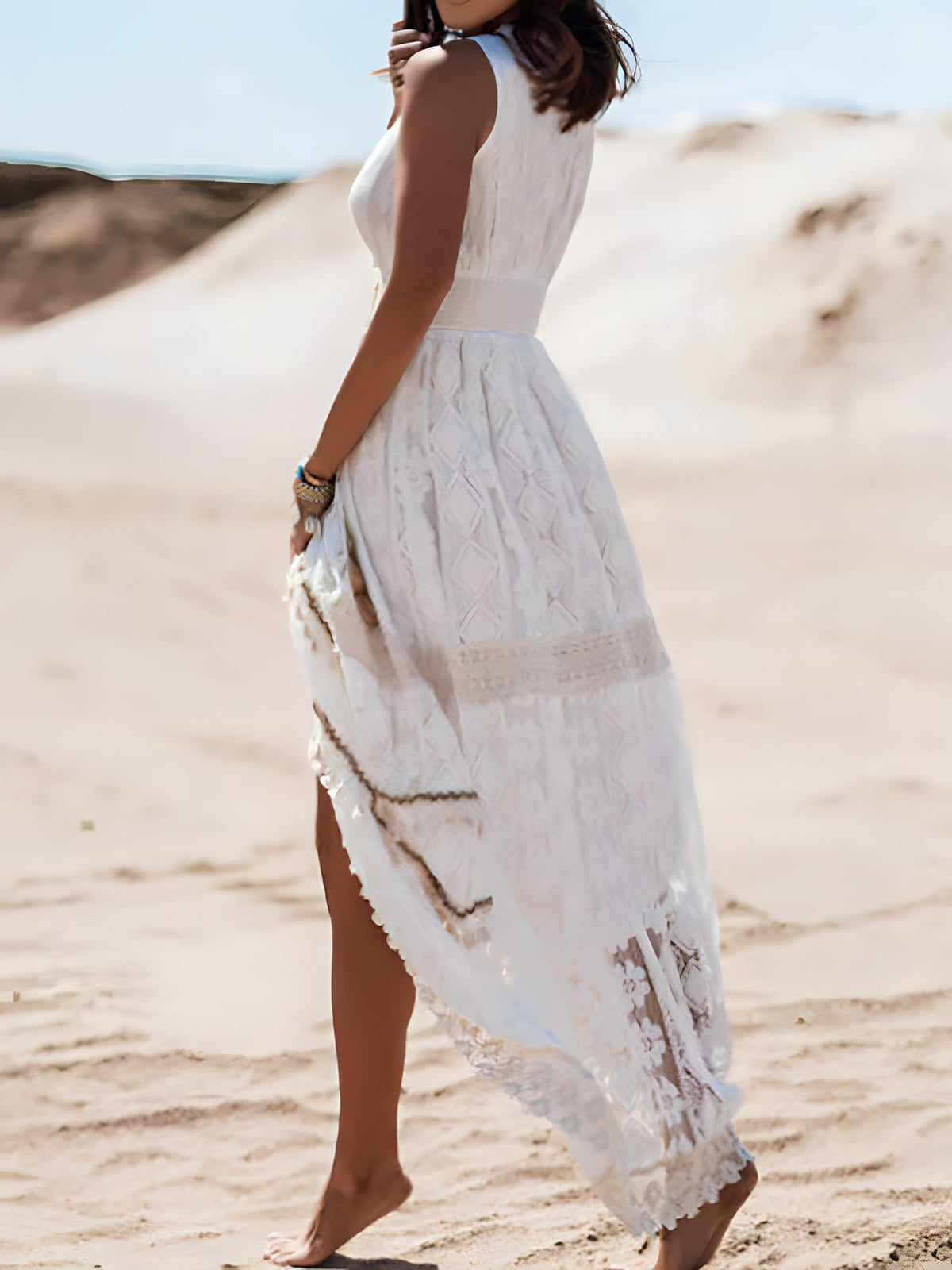 Lace Crochet Empire Waist V-Neck High Split Tiered Maxi Dress - View 6