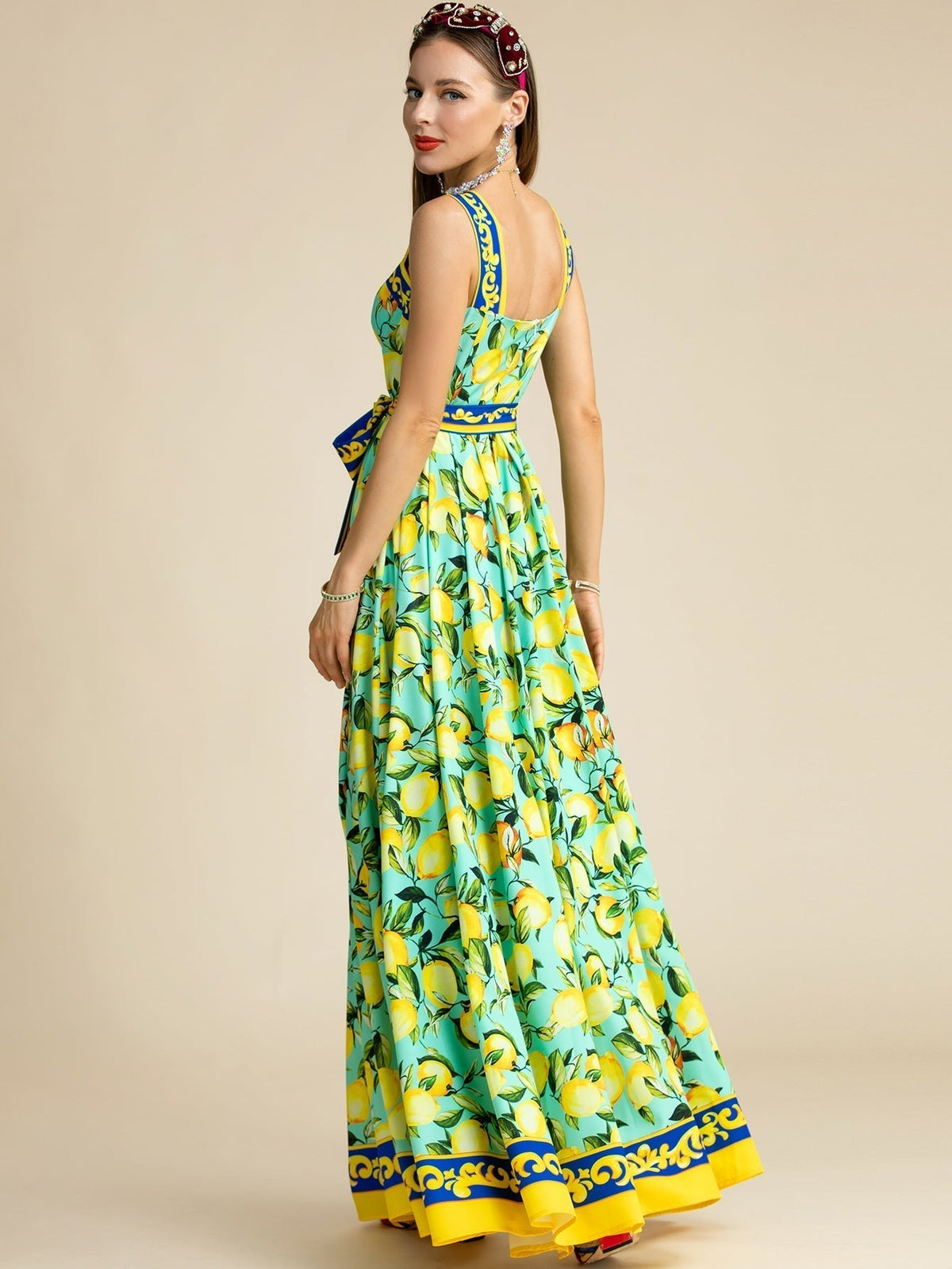 Lemon Print Square Neck Belted A-Line Maxi Dress 6