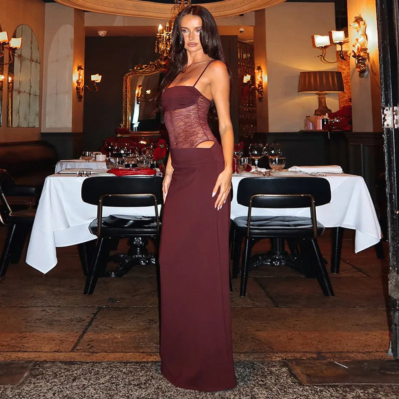 Spaghetti Strap Sheer Lace Hollow Out Long Dress - View 12