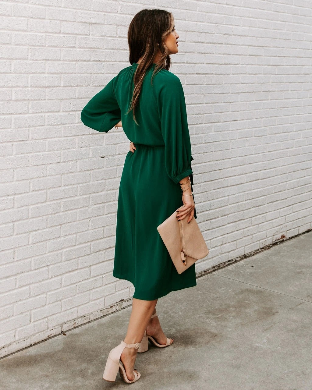 Mock Neck Long Sleeve Belted A-Line Midi Dress - View 13