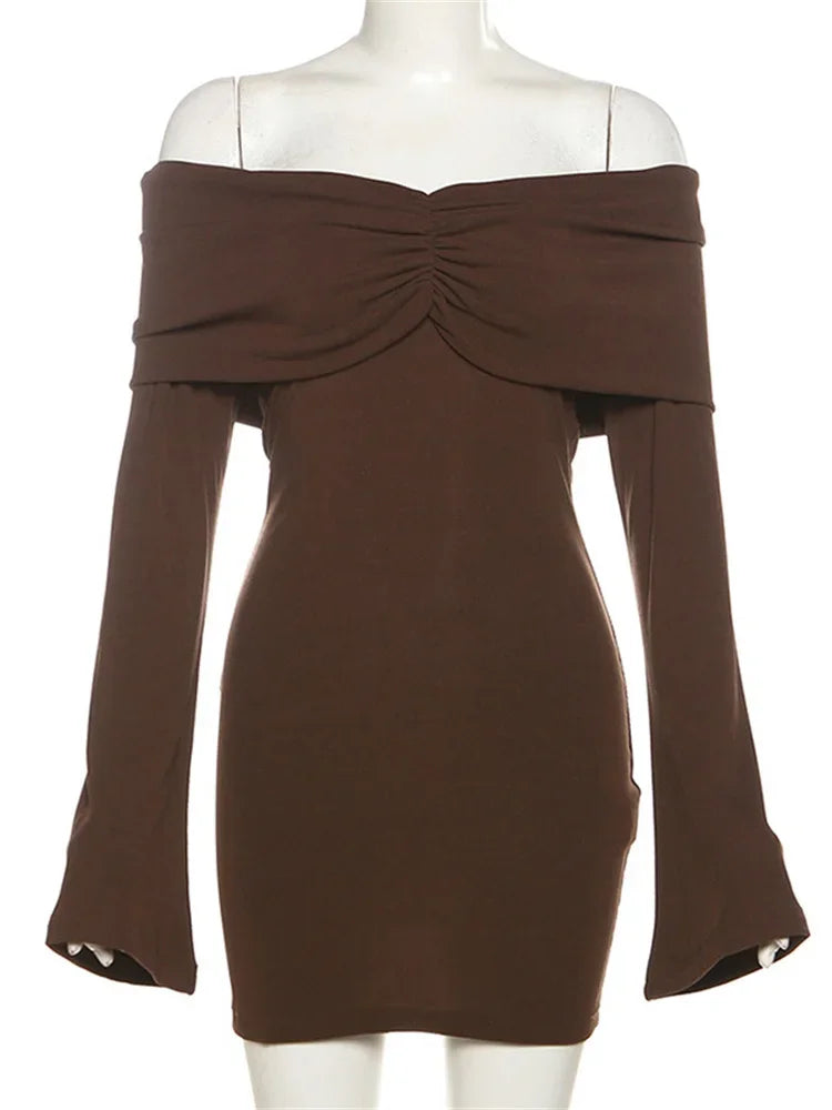 Off Shoulder Long Sleeve Ruched Knit Bodycon Mini Dress - View 5