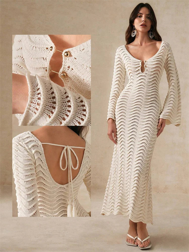Open Knit Bell Sleeve Keyhole Metal Bar Back Tie Maxi Dress - View 15