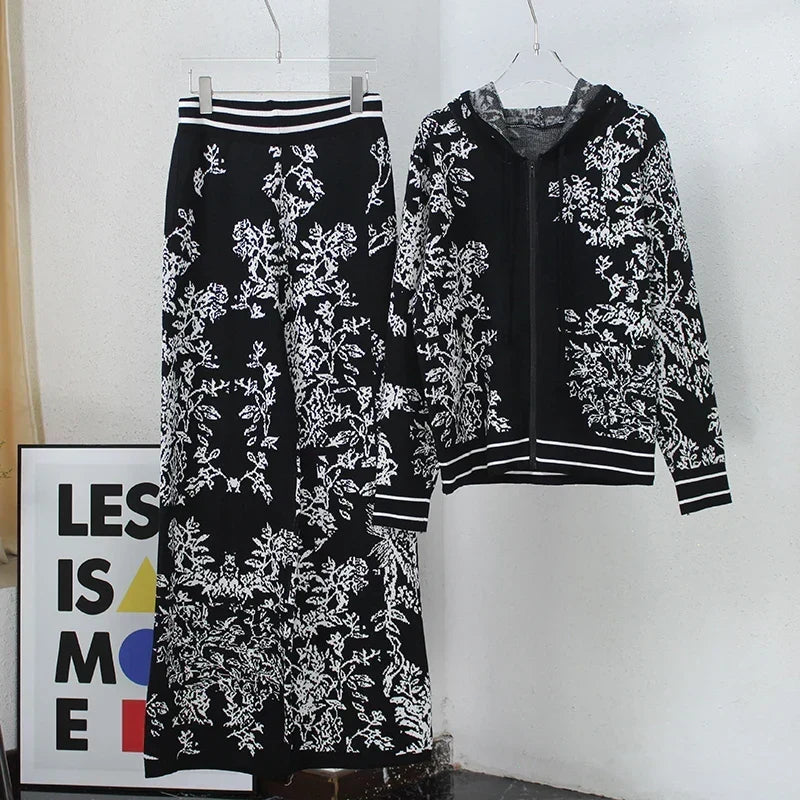 Hooded Zip Front Floral Knit Cardigan and Wide Leg Pants Two Piece Set 8