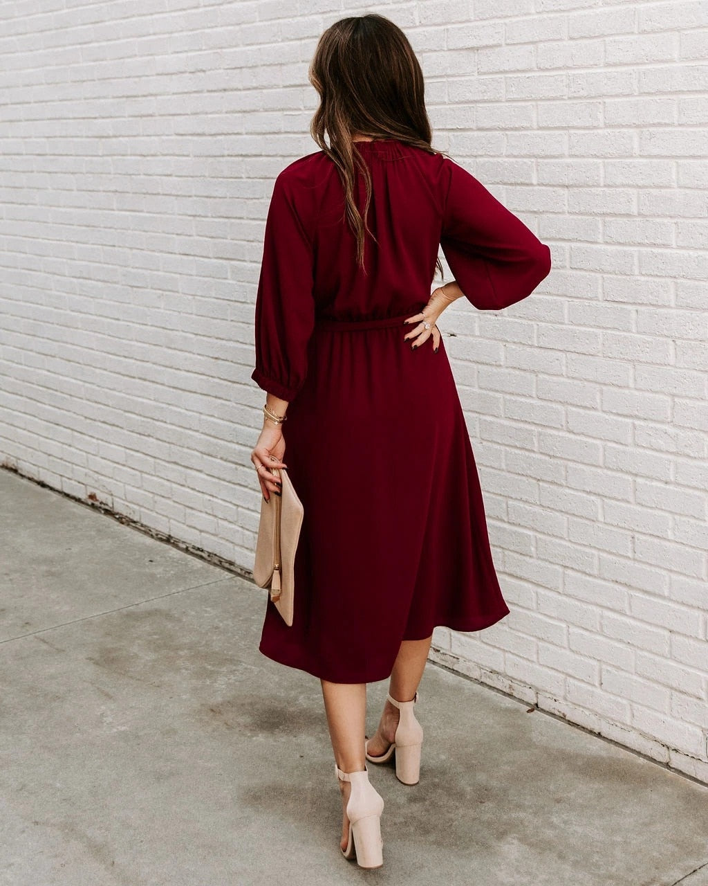 Mock Neck Long Sleeve Belted A-Line Midi Dress - View 17