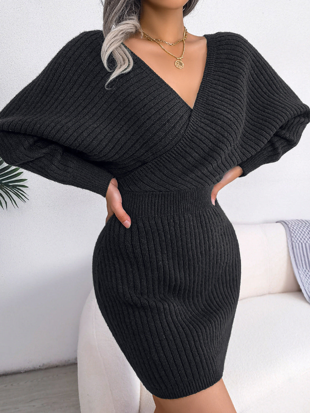 Knit Deep V-Neck Batwing Long Sleeve Bodycon Sweater Mini Dress - View 13