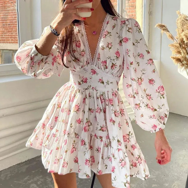 V-Neck Lace Edge Floral Midi Dress