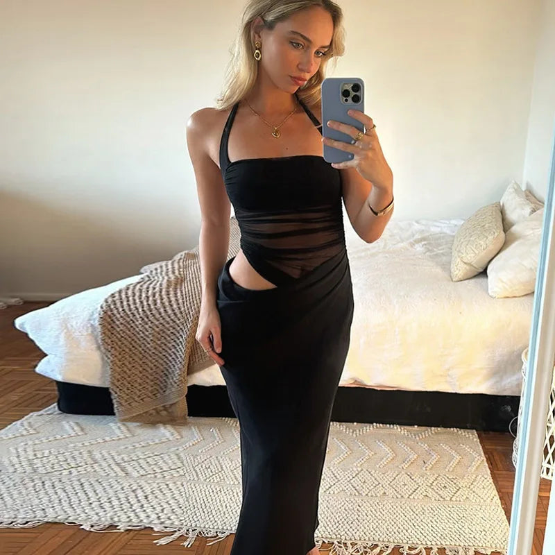 Mesh Halter Neck Backless Ruched Bodycon Maxi Dress - View 6