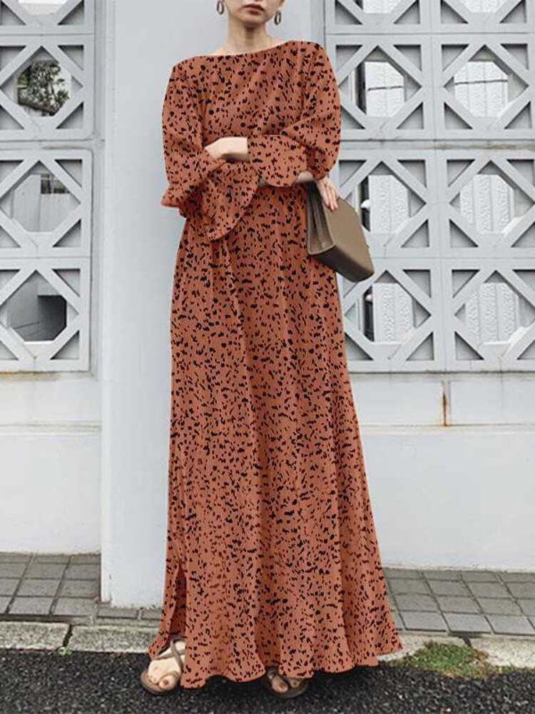 Speckle Print Boat Neck Long Sleeve A-Line Maxi Dress - View 3