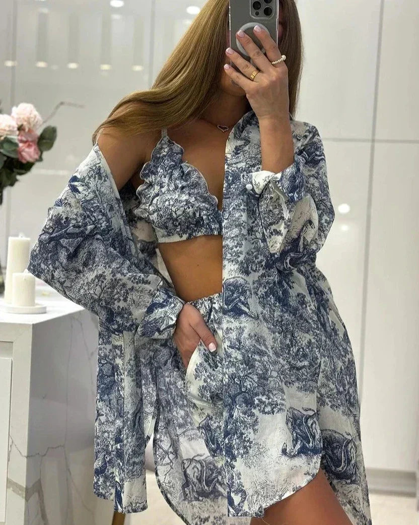 Toile Print Cami Shirt and Shorts Three Piece Set