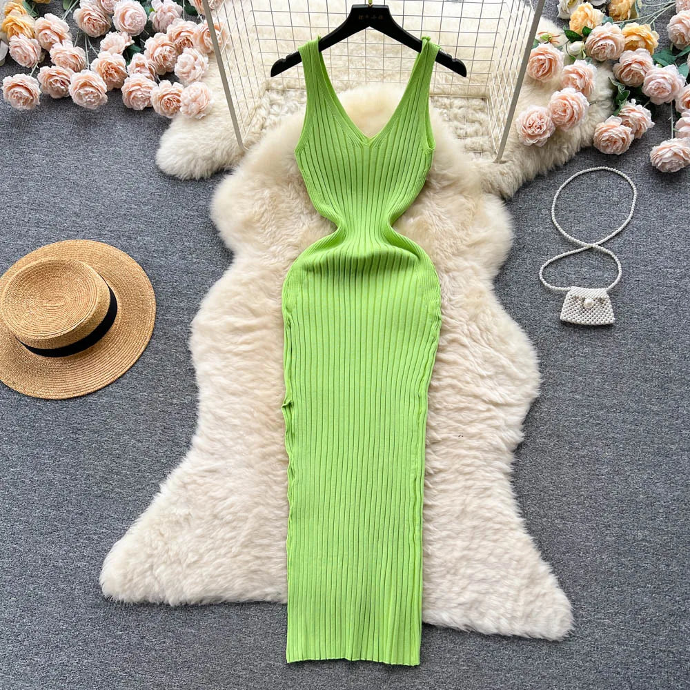 Ribbed Knit V-Neck Sleeveless Cut Out High Split Bodycon Maxi Dress - View 3