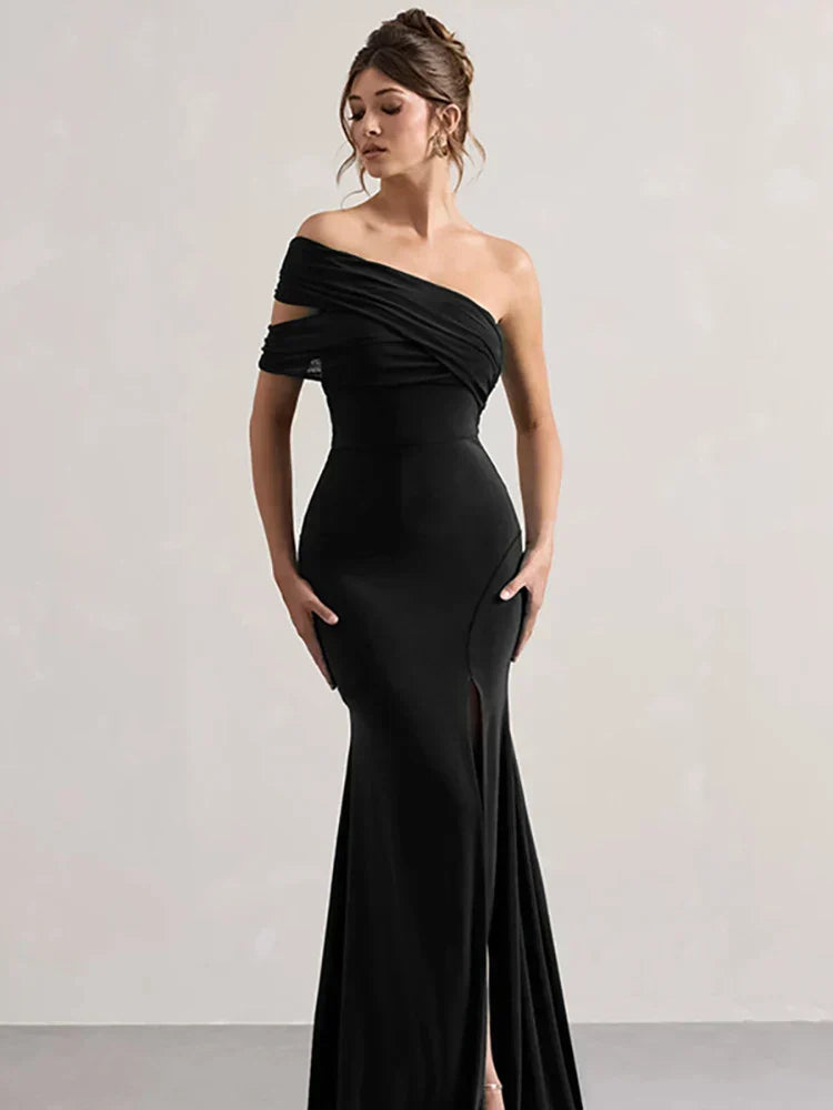 Solid One Shoulder Mesh Slit Long Dress - View 2