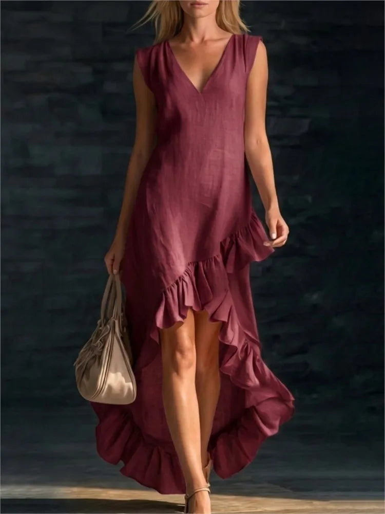 V-Neck Sleeveless Ruffle Hem High Low Maxi Dress 6