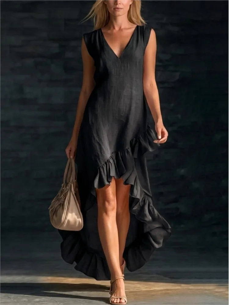V-Neck Sleeveless Ruffle Hem High Low Maxi Dress 5