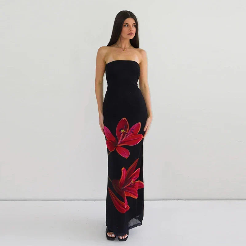 Floral Print Strapless Tube Bodycon Maxi Dress - View 3