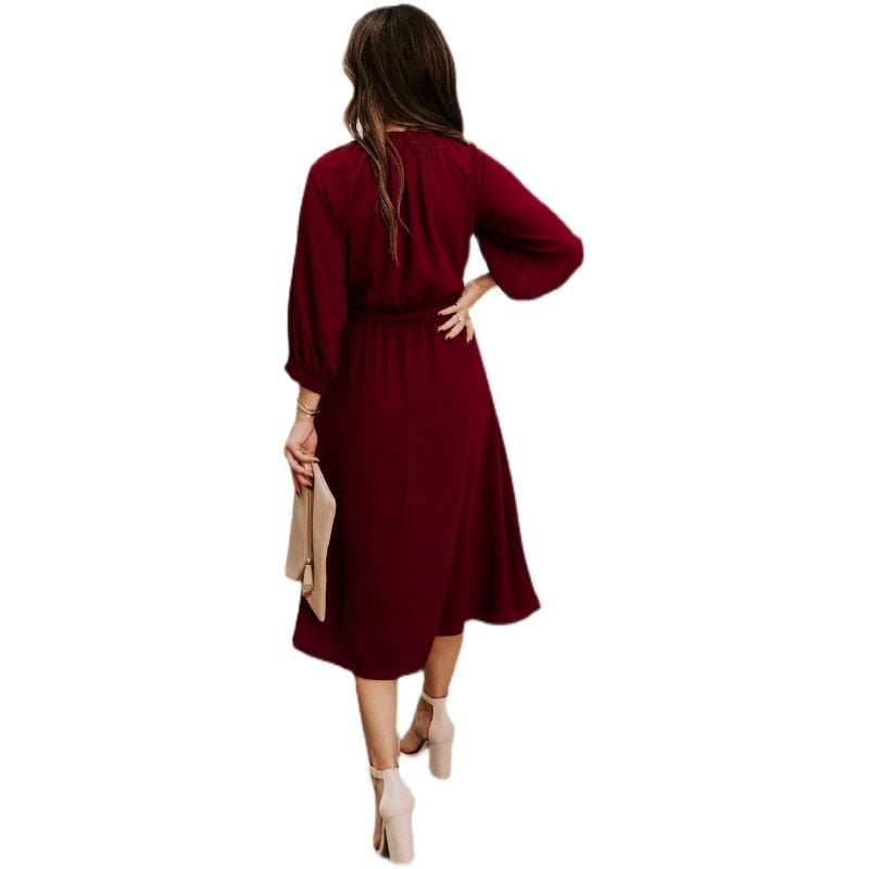 Mock Neck Long Sleeve Belted A-Line Midi Dress - View 19