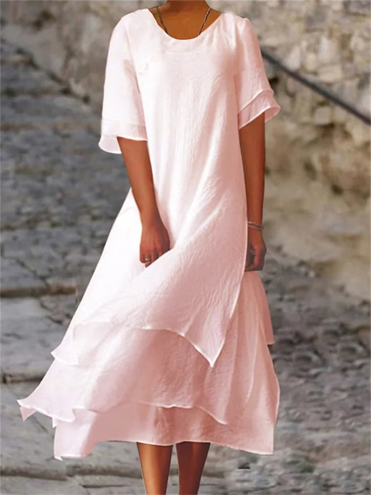 Short Sleeve Round Neck Asymmetrical Tiered Layered Midi Dress