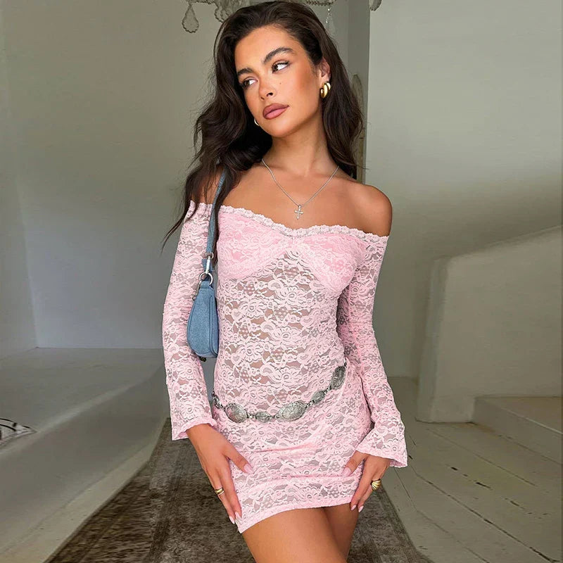 Strapless Solid Long Sleeve Mini Lace Dress - View 2