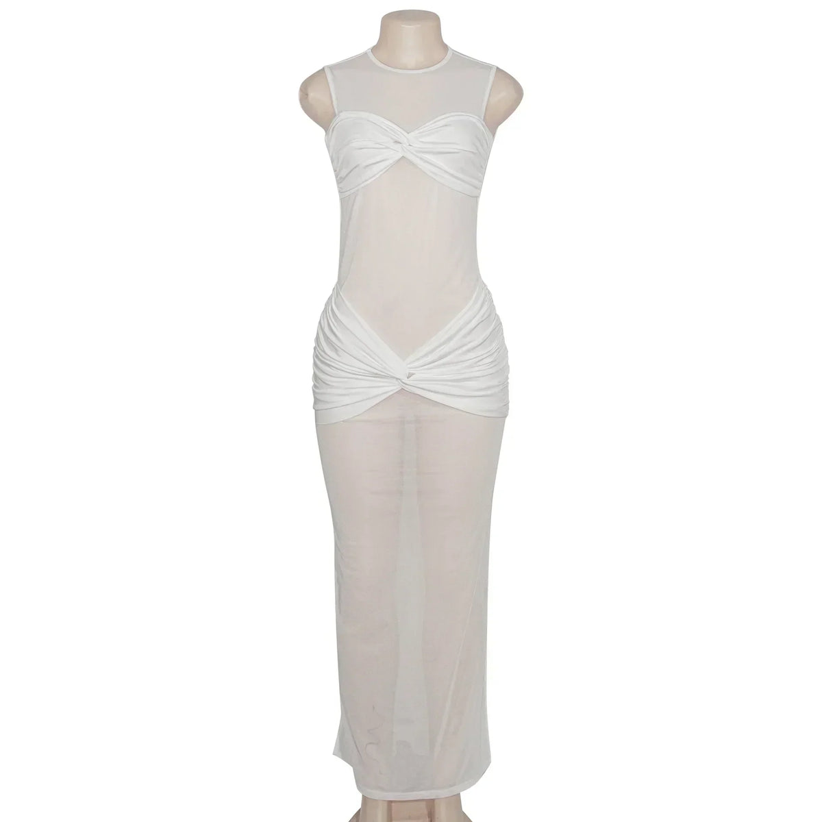 Mesh Mock Neck Sleeveless Knotted Bandeau Ruched Waist Maxi Dress - View 6