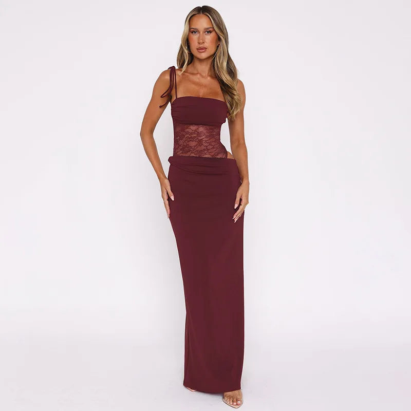 Spaghetti Strap Sheer Lace Hollow Out Long Dress - View 13