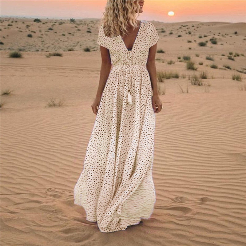 Short Sleeve Deep V-Neck Polka Dot Drawstring Waist Tassel Dress - View 10