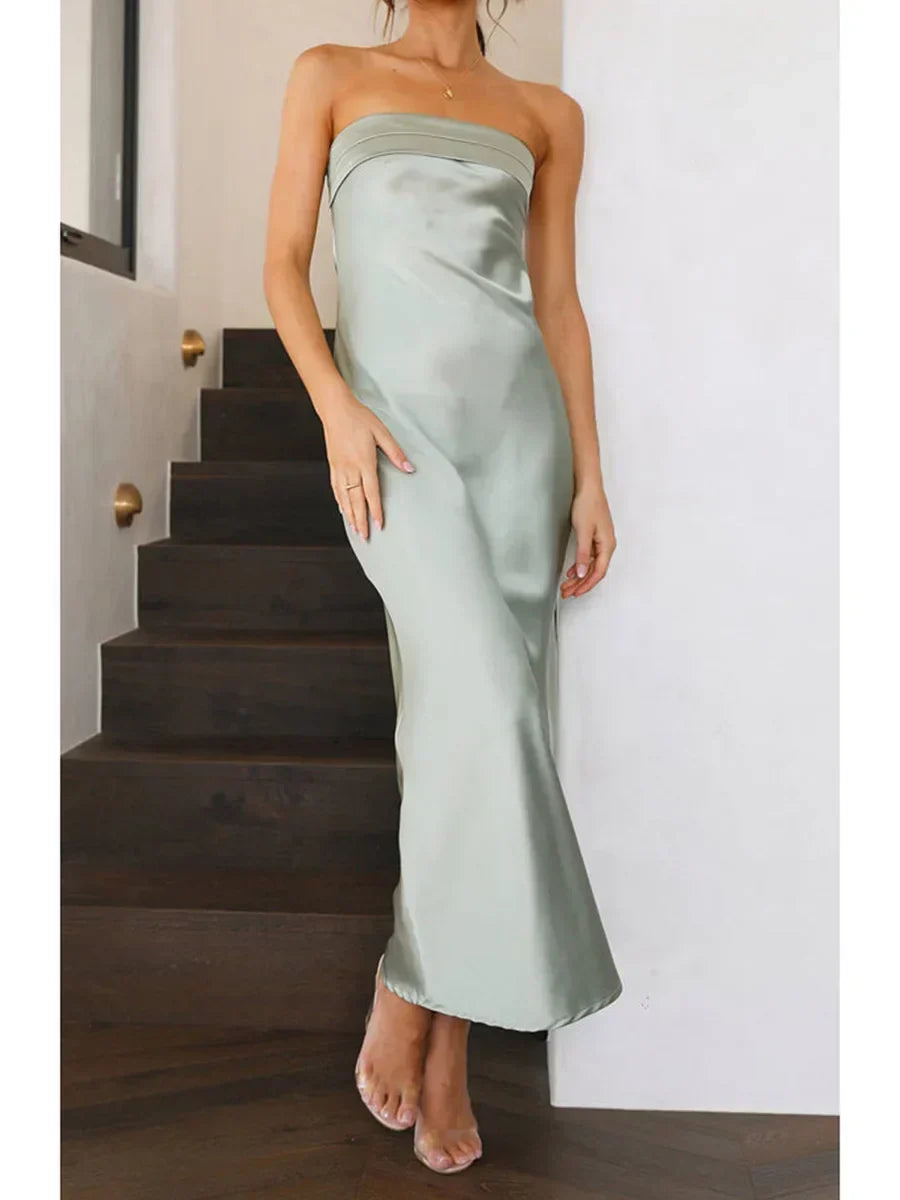 Satin Strapless Fold Over Bust Column Slip Maxi Dress - View 3