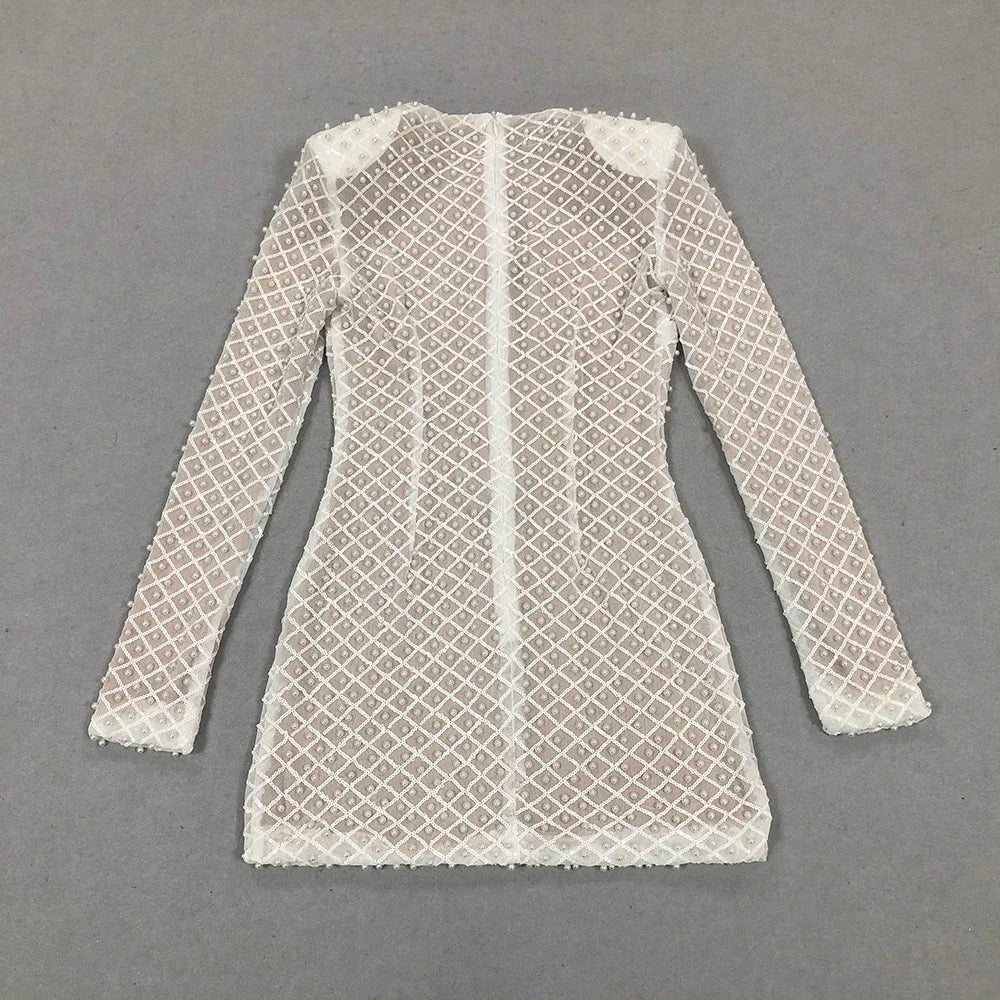 Pearl Beaded Long Sleeve Keyhole Bow Bodycon Mini Dress - View 5