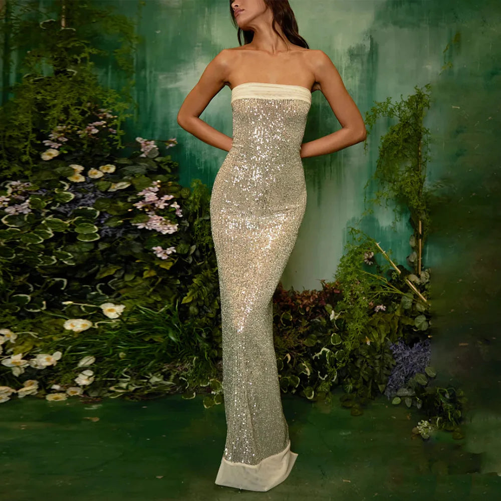 Strapless Sequin Slit Backless Dress - View 16