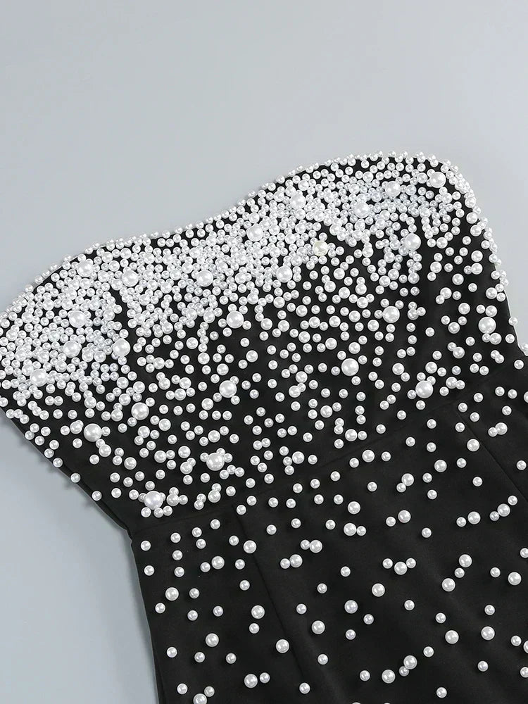 Black Strapless Pearls Beaded Embellished Maxi Dress - View 10