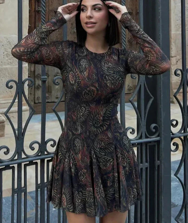Pleated Long Sleeves Tulle Mini Dress
