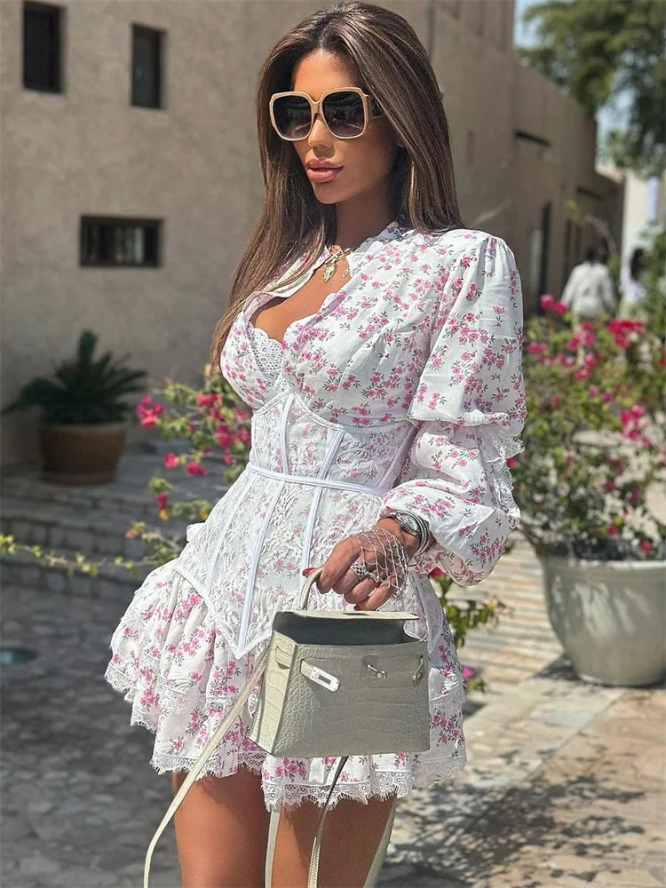 Ruffled V-neck Lace Floral Dress - View 2