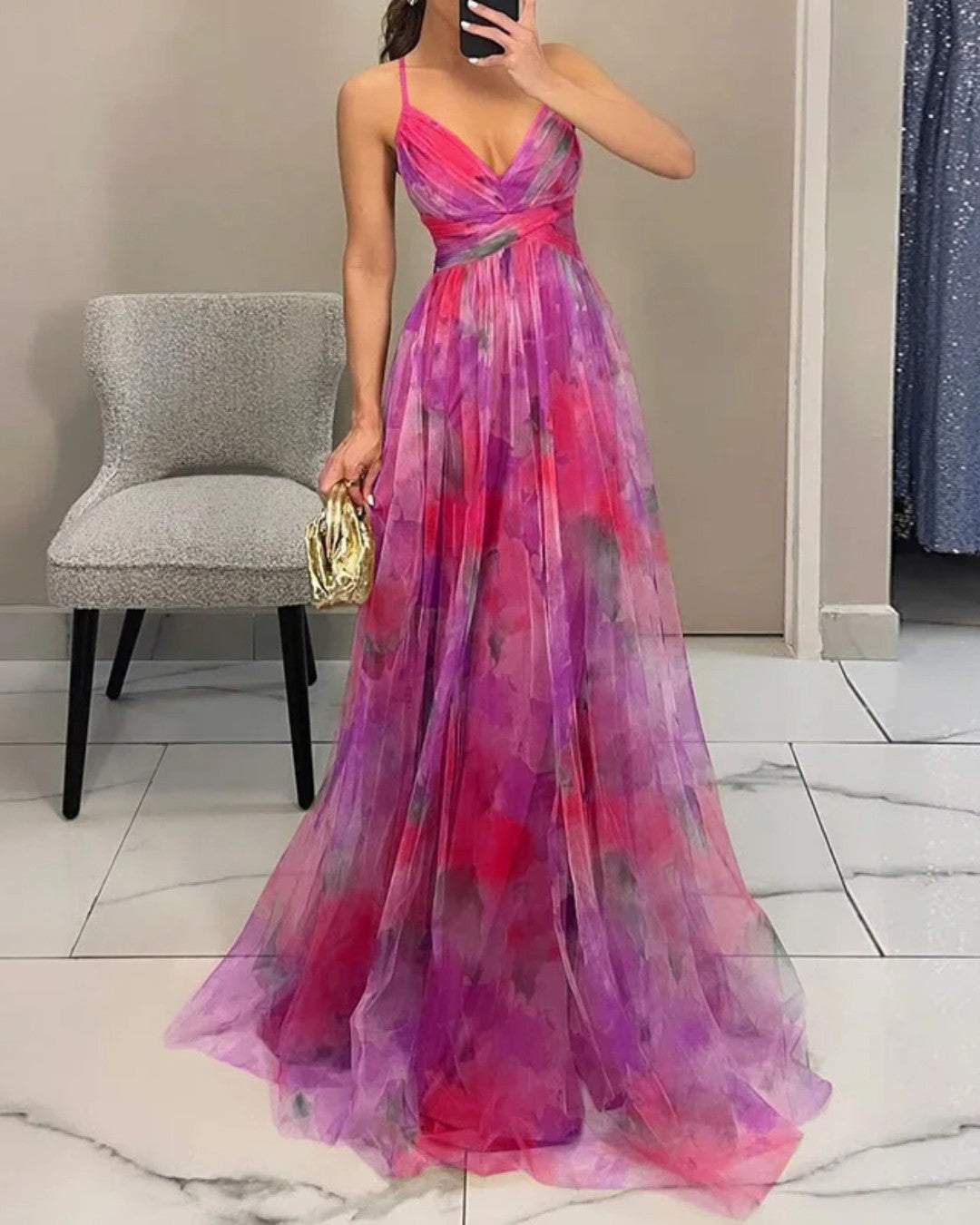 Floral Print Chiffon Deep V-Neck Ruched Waist A-Line Maxi Dress 9