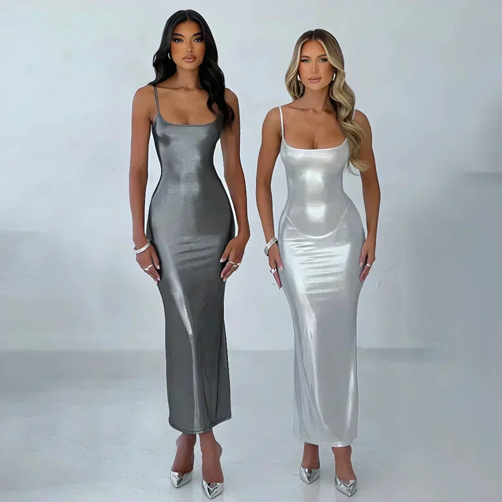Metallic Square Neck Spaghetti Strap Bodycon Maxi Gown - View 3