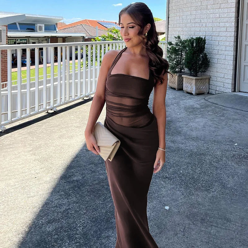 Mesh Halter Neck Backless Ruched Bodycon Maxi Dress - View 19