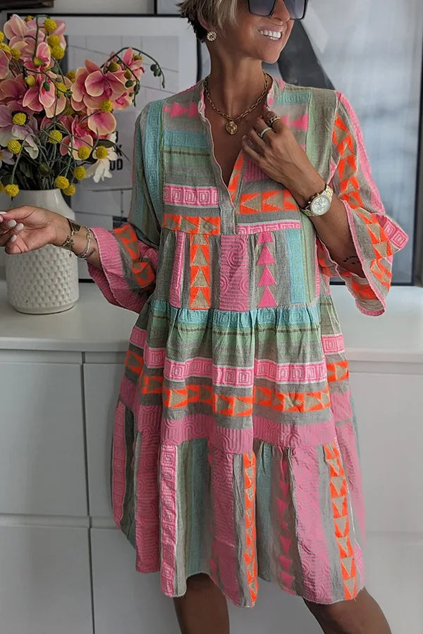 Geometric Print Mandarin Collar Bell Sleeve Tiered Mini Dress - View 3