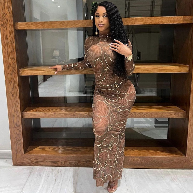 Crew Neck Long Sleeve Rhinestone Mesh Bodycon Maxi Dress 10