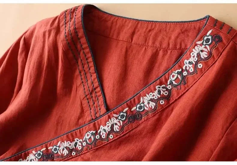 Embroidered Trim V-Neck Long Sleeve Wrap Blouse 11