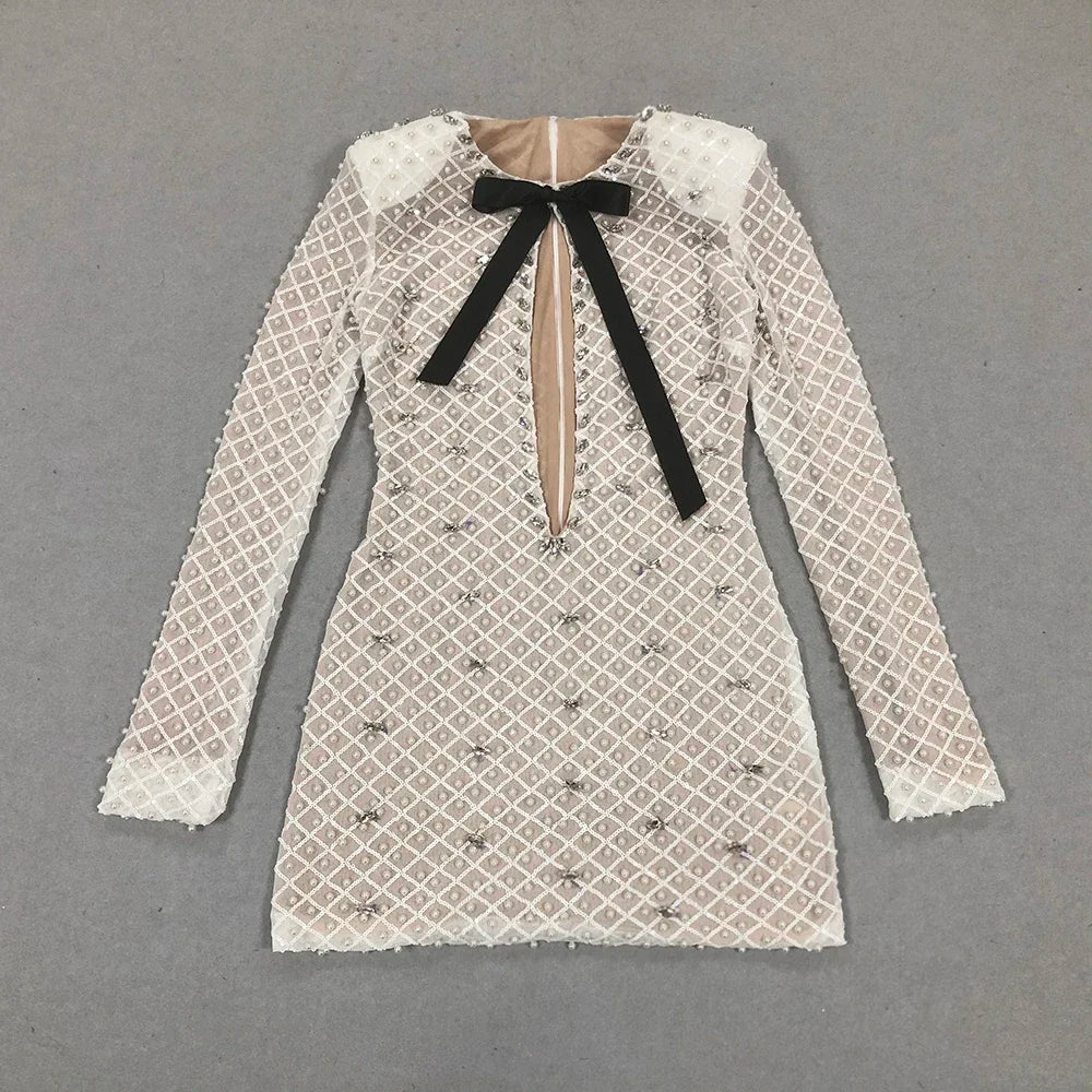 Pearl Beaded Long Sleeve Keyhole Bow Bodycon Mini Dress - View 4